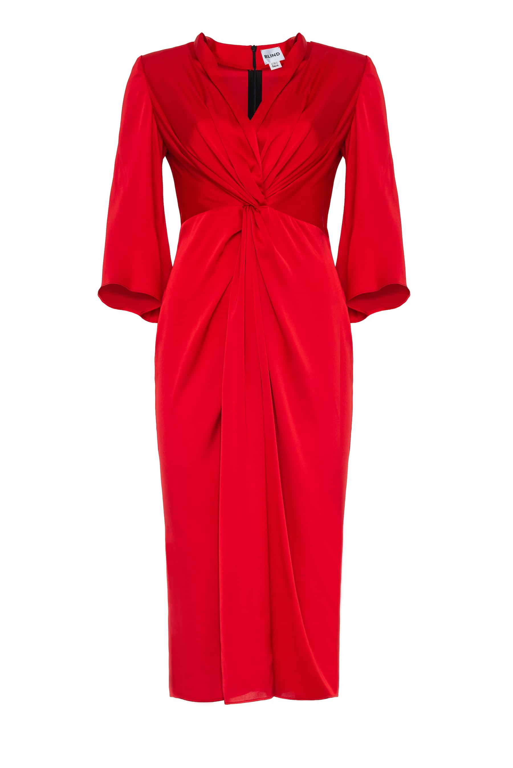 Red silk dress with draped chest and deep wrap